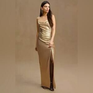 Sachin & Babi Jennings Ruched Hammered Satin Gown Side Slit Slip Dress 6 Small